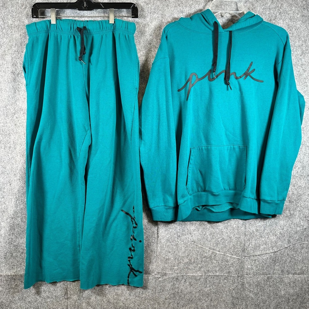 Y2k VICTORIA SECRET PINK CAMPUS PULLOVER HOODIE Sweatsuit 2PC SET Sz Medium Teal